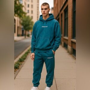 Mens Streetwear Stay Cool NYC Hoodie Acid Wash Blue Large